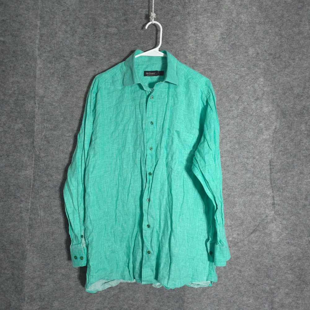 St Croix Button Down Shirt Mens L Green Linen Italy Long Sleeve Pocket Casual
